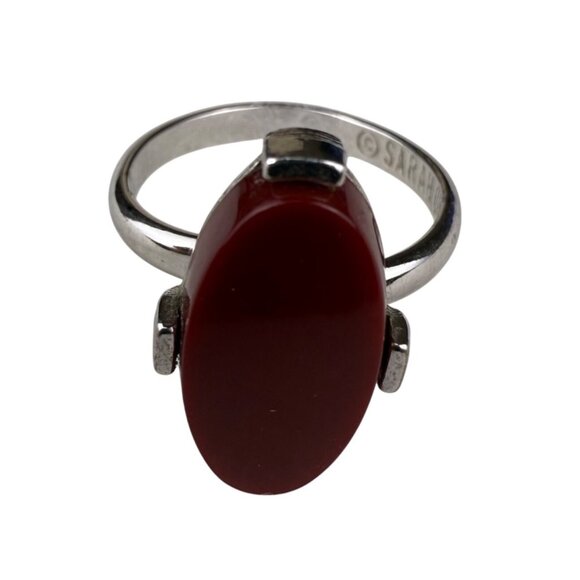 Sarah Coventry Red Oval Stone Silver Tone Ring Mid-Century Jewelry Size 5 - Picture 1 of 5